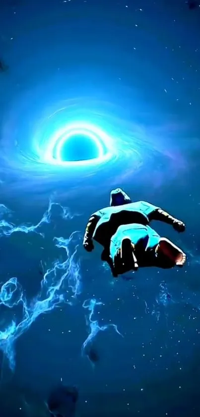 An astronaut drifting toward a radiant black hole in space.