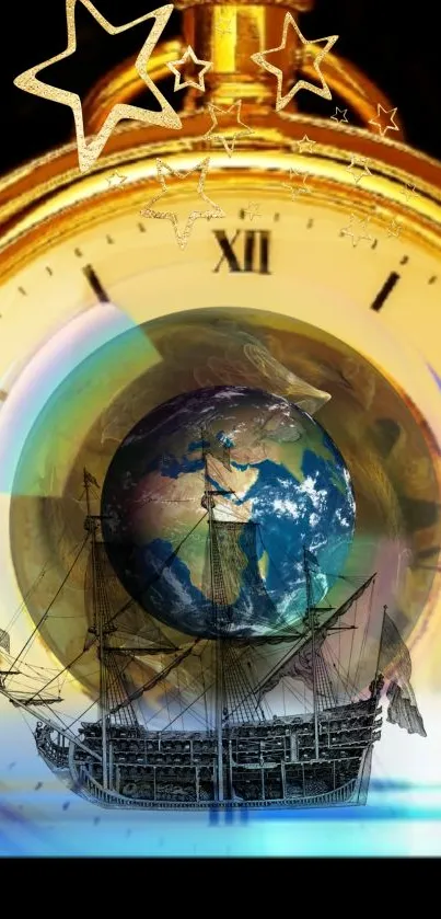 Artistic mobile wallpaper with a cosmic ship and stars overlaying a clock.
