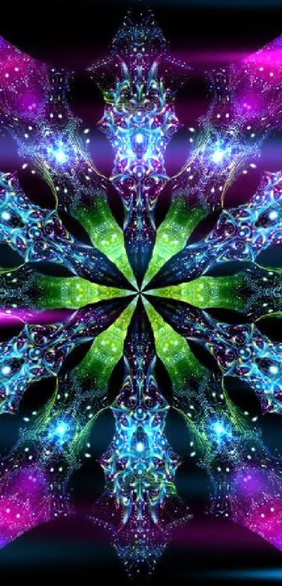 Vibrant cosmic star-shaped pattern with purple, blue, and green on black.