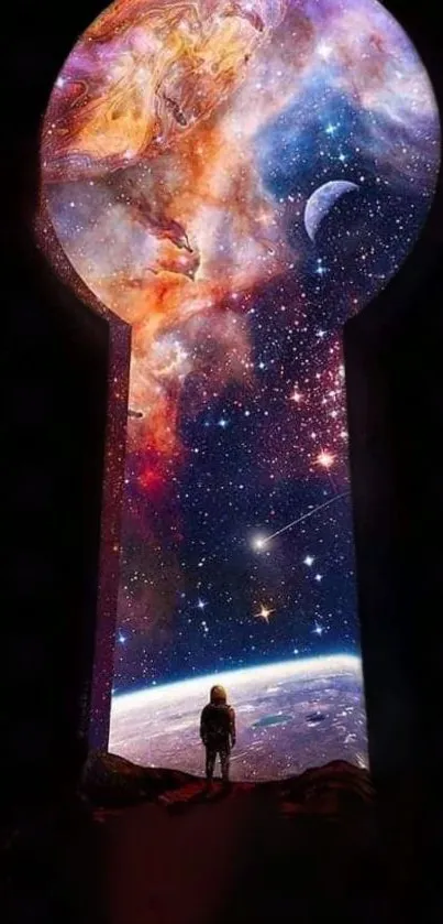 Cosmic view through keyhole with nebulae and stars, colorful space wallpaper.