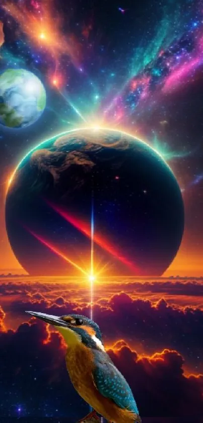 Fantasy wallpaper with a kingfisher and planets glowing in a cosmic sunset.