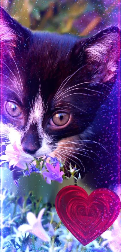 Enchanting kitten with a cosmic heart wallpaper.