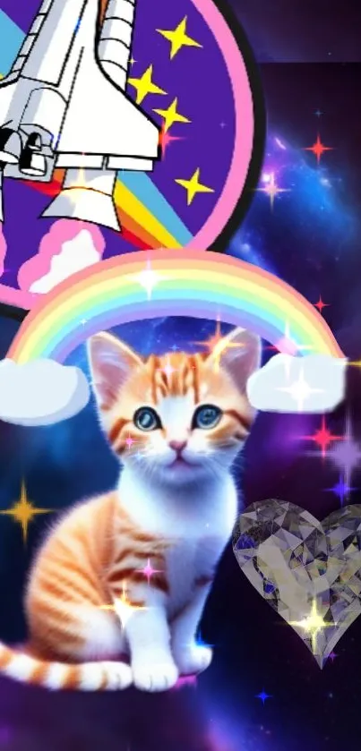 Orange kitten with rainbow in starry cosmic background.