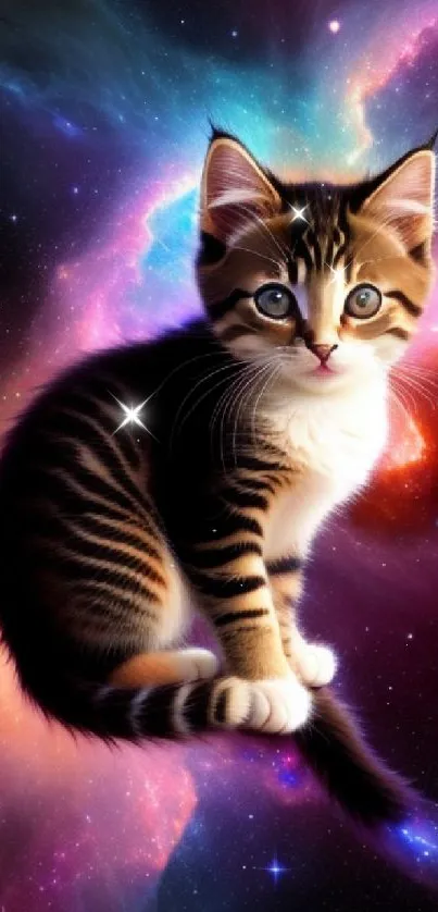 Cute kitten sitting in a vibrant cosmic galaxy, full of colors and stars.