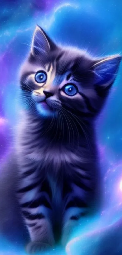 A cute cosmic kitten in a vibrant galaxy scene.