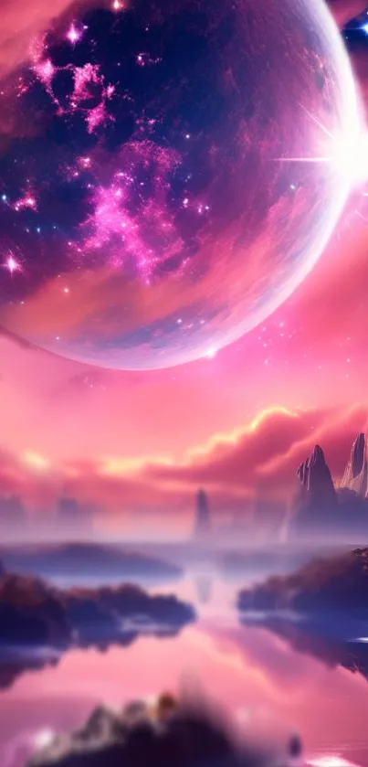 Vibrant cosmic landscape with planet and mountains in a pink-hued sky.