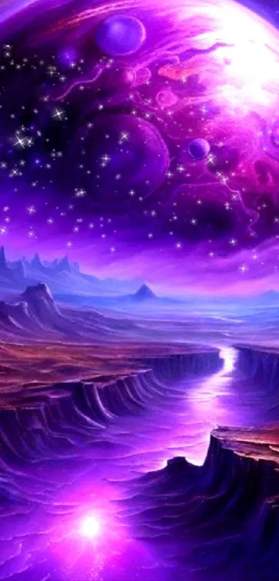 A purple cosmic landscape with a glowing planet and stars over an alien terrain.