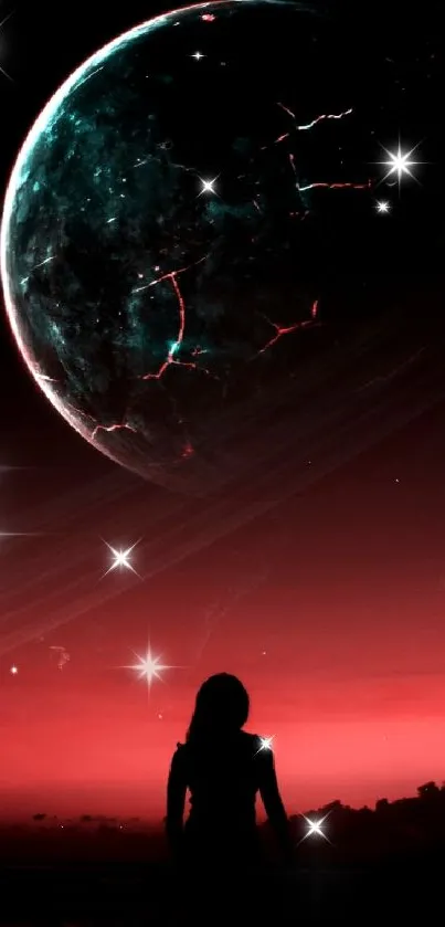 Silhouette with crimson sky and cracked planet in cosmic wallpaper.