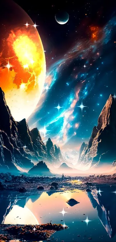 Vibrant cosmic landscape with planets and nebulae in a night sky.