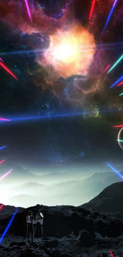 Cosmic landscape with planets and stars in a dark galaxy background.