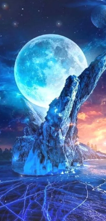 Cosmic landscape with full moon and icy terrain in mobile wallpaper.