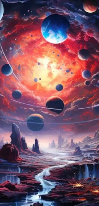 Fiery cosmic landscape with planets and celestial backdrop.