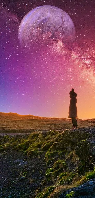 Person gazing at starry night with purple galaxy and planet.