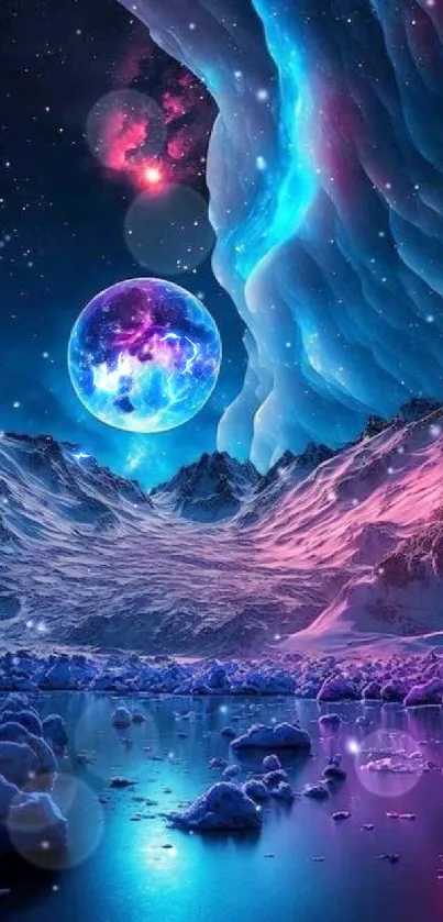 Vibrant cosmic landscape with blue hues, stars, and a colorful galaxy.