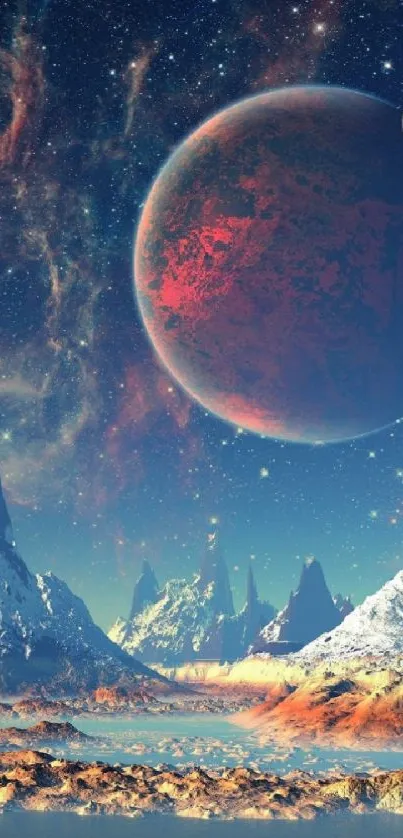 Cosmic landscape with red planet and mountains under a starry sky.