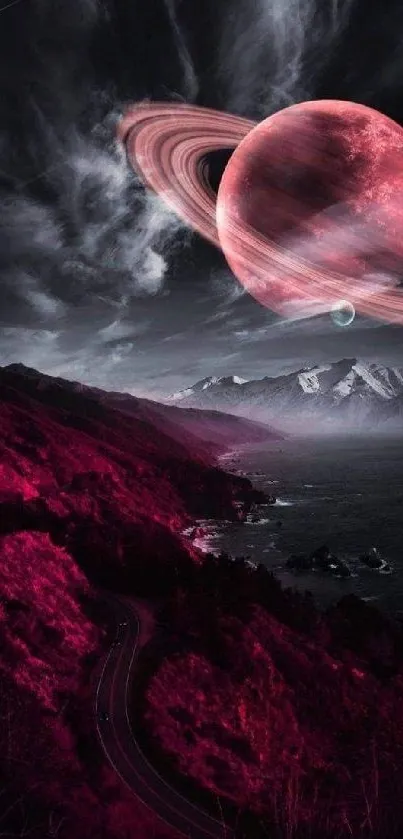 Crimson planet over mountains wallpaper.