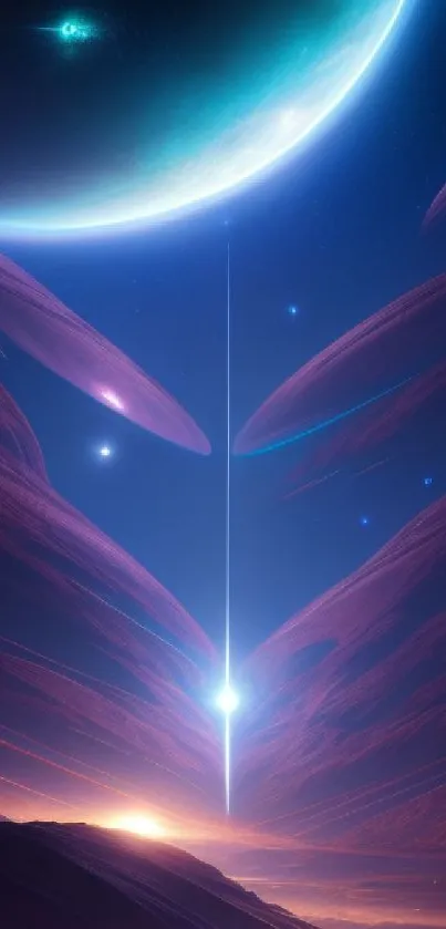 Beautiful cosmic scene with planets, stars, and glowing lights on a phone wallpaper.