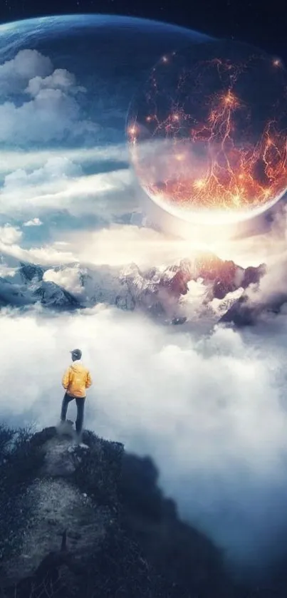 Person stands on a mountain amid clouds, overlooking a cosmic scene with a glowing planet.