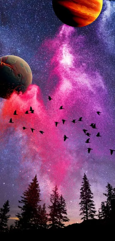 Vibrant cosmic wallpaper with planets, night sky and colorful clouds.