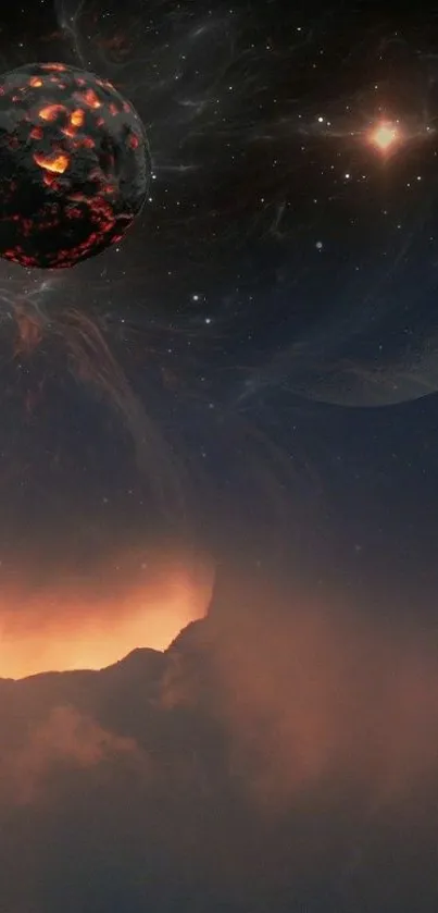 Cosmic wallpaper featuring a lava-like planet against a starry backdrop.