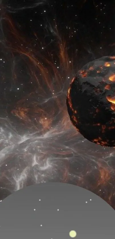 Fiery lava planet in cosmic space scene.