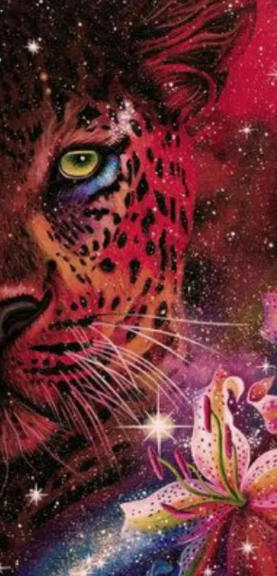 A leopard with flowers in a cosmic, starry setting on mobile wallpaper.