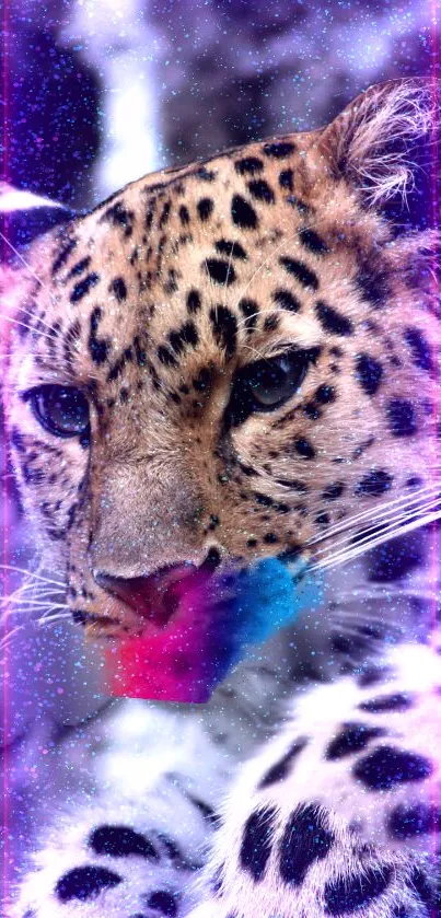 Leopard with cosmic nebula effects in vibrant mobile wallpaper.