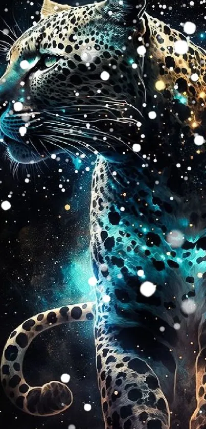 A cosmic leopard in a vibrant galaxy-themed wallpaper.