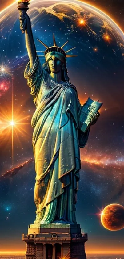 Statue of Liberty in cosmic galaxy scene as mobile wallpaper.