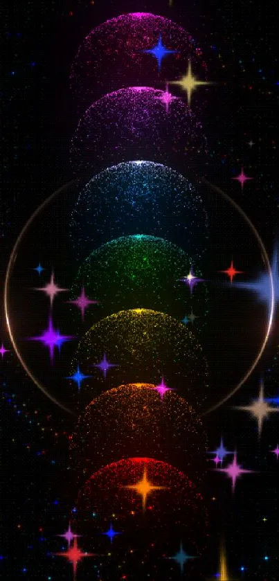 Seven colorful spheres on a black background creating a cosmic light effect.