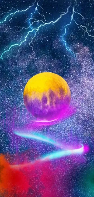 Abstract cosmic wallpaper with lightning and vibrant colors on a galaxy backdrop.