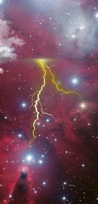 Crimson nebula with lightning and stars wallpaper.