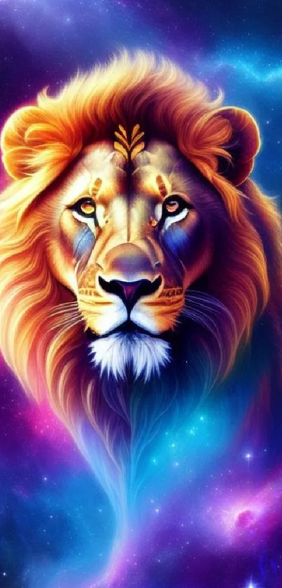 Majestic lion head with cosmic galaxy background in vibrant colors.