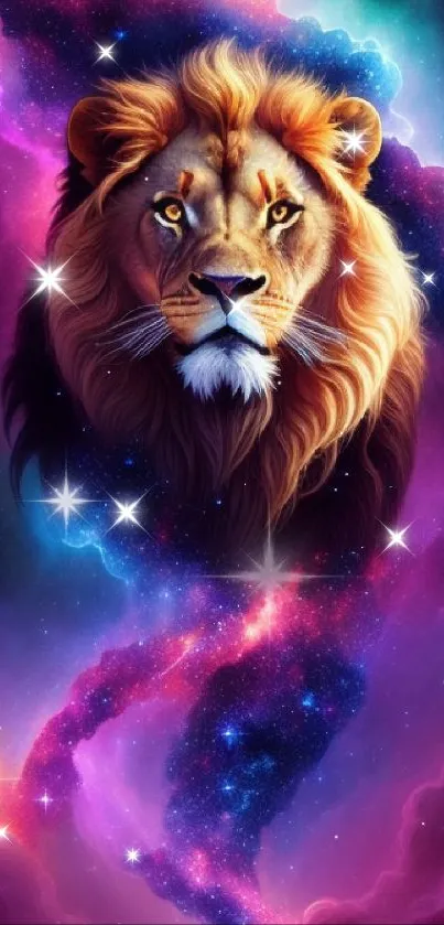 Cosmic lion head in a vibrant nebula background on mobile wallpaper.