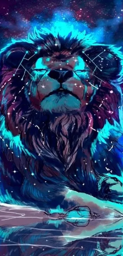 Cosmic lion with neon blue mane against a galaxy backdrop.