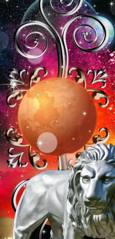 Vivid cosmic wallpaper with lion sculpture and colorful celestial background.