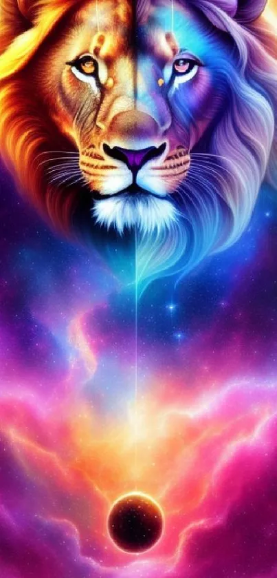 Colorful cosmic lion with galaxy backdrop.