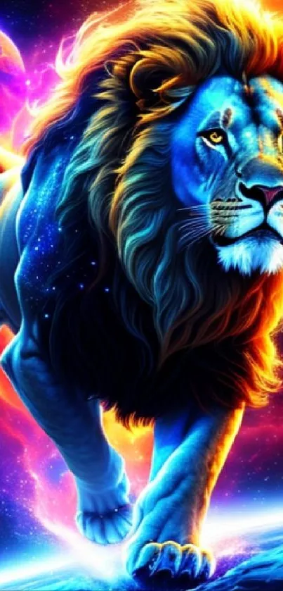 Illustrated cosmic lion in vibrant colors, set against a celestial backdrop.