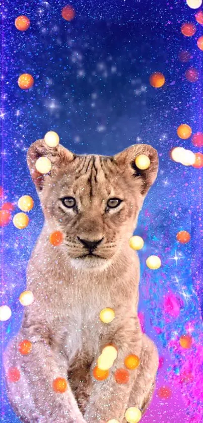 Lion cub with colorful cosmic galaxy background and floating orbs.