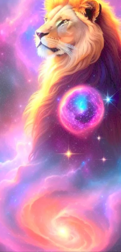 Majestic lion in cosmic galaxy with vibrant colors and swirling patterns.