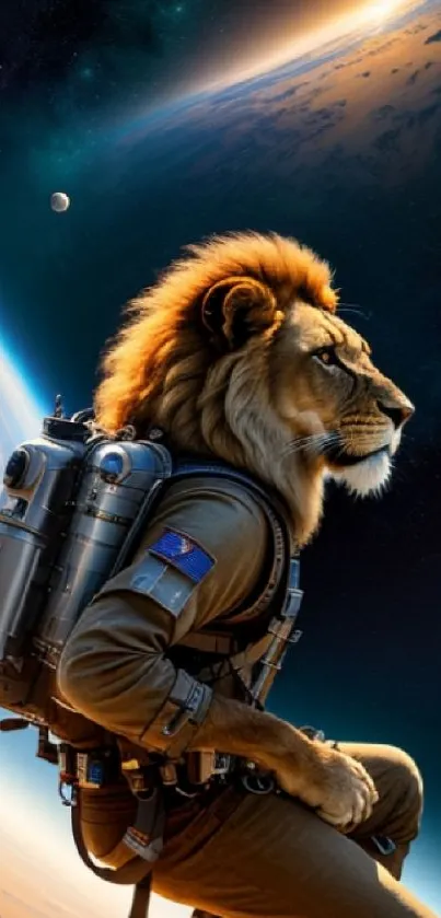 Lion astronaut explores the cosmos, showcasing majestic space scenery.