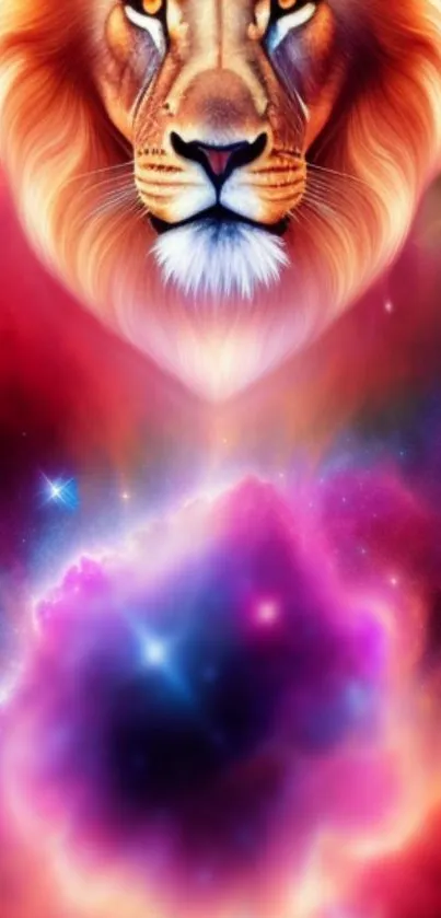 Lion head in colorful cosmic nebula background wallpaper.