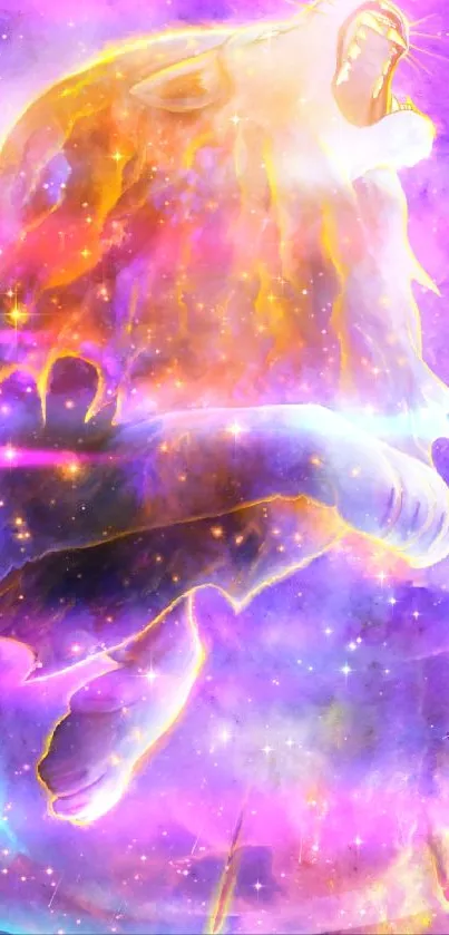 A majestic lion roaring in a purple cosmic galaxy background.