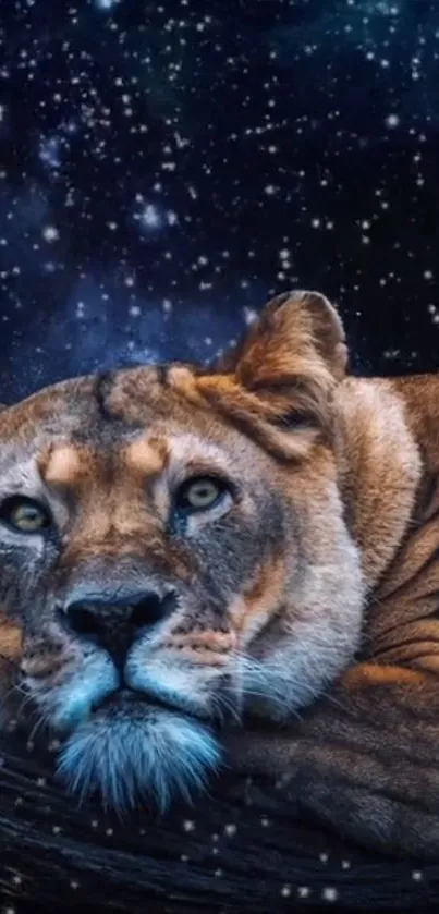 Majestic lion resting beneath a vibrant, starry night sky wallpaper.