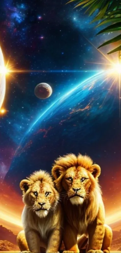 Majestic lions with cosmic space backdrop, vibrant galaxy view.