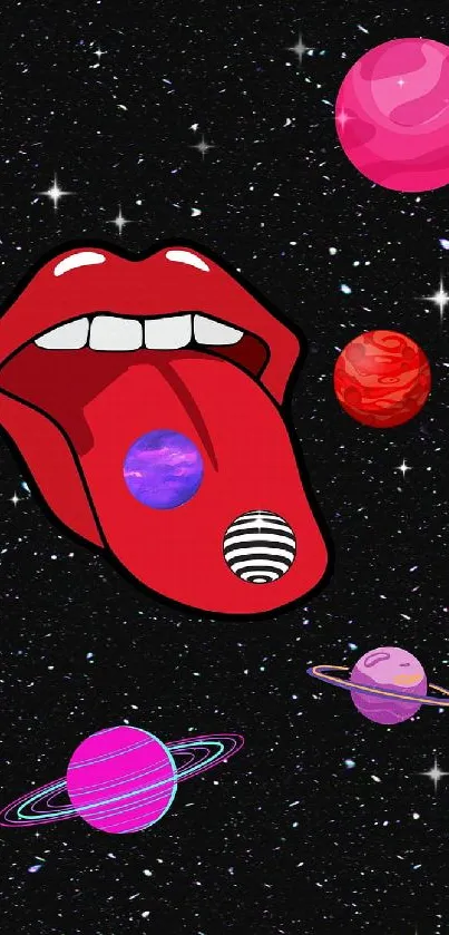 Cosmic-themed wallpaper with lips and planets against a starry background.