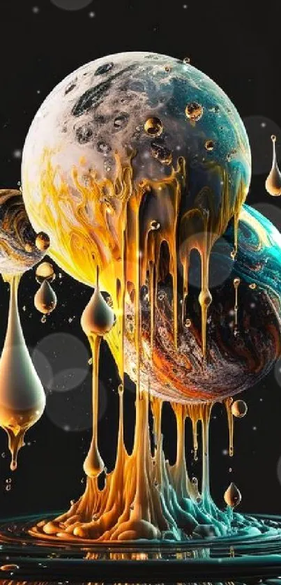 Artistic mobile wallpaper featuring cosmic liquid spheres on a dark background.