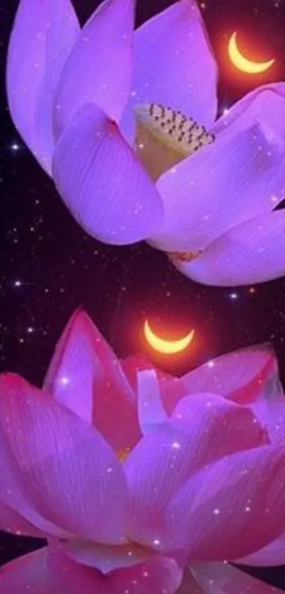 Cosmic wallpaper with glowing lotus and crescent moons.