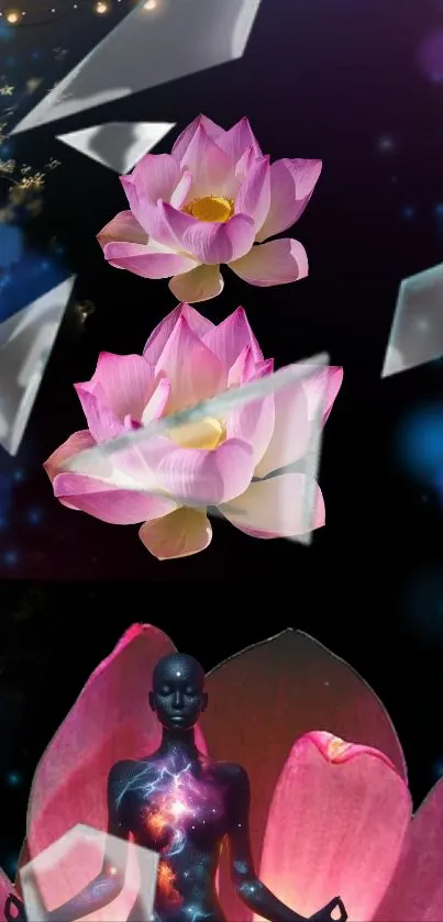 Cosmic lotus meditation wallpaper with vibrant pink flowers.