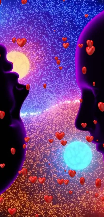 Romantic silhouette with cosmic hearts and stars in vibrant colors.